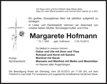 Traueranzeige von Margarete Hofmann von Pegnitz-Zeitung